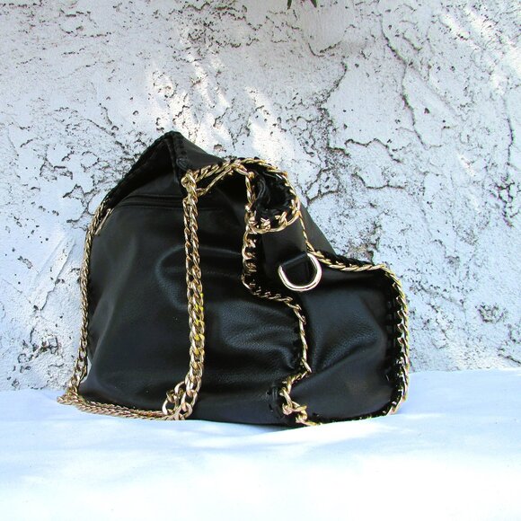 Black faux leather gold tone chain tote 15"X14"X5" - Picture 3 of 7